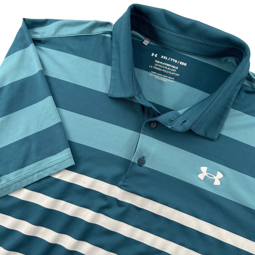 Under‎ Armour The Playoff Polo Golf Shirt Mens XXL Teal Blue Striped Performance